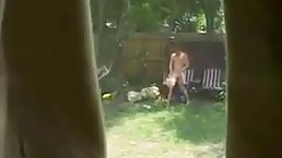 Sweet babe in red bikini is fucking her neighbor like a slut, in the garden