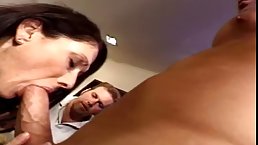 Horny housewife is fucking a stranger, while her husband is watching her in action, all the time
