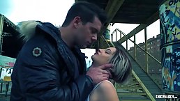 Horny couple is having a wild sex scene in the train station, while a horny voyeur is watching