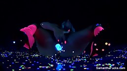 Bubble butt blonde in neon costume, Samantha is dancing in a dark room and teasing