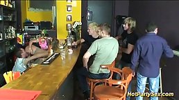 Slutty blonde babe went to a local bar to find two guys who would fuck her