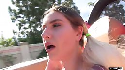 Dirty minded blonde with pigtails, Nikki Snow is sucking a rock hard dick, for cash