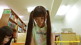 Pigtailed Asian babe likes to have casual sex in the library, until she starts moaning from pleasure