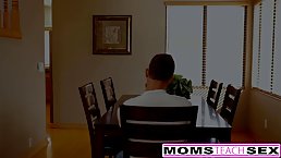 Tanned milf with black hair is about to have casual sex with her step- son