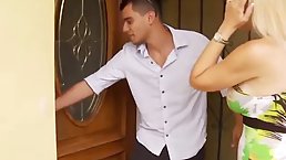 Great looking blonde woman with big tits is getting fucked sideways, while her husband is at work