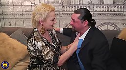 Mature blonde woman with hairy pussy and her husband's wealthy colleague from work are fucking