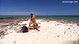 Asian babe in bikini and her handsome lover are having sex, while on the public beach