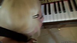 Kinky blonde is sucking her neighbor's dick while his wife is on her way home, from work