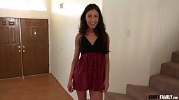 Hot teen brunette is gently sucking her step- brother's dick, to make him explode from pleasure