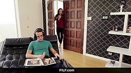 Nerdy guy is about to have steamy sex with his step mom, Lily Lane, in her bed