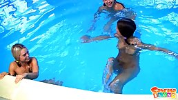 After playing in the pool, three super girls are rubbing their shaved pussies, like crazy