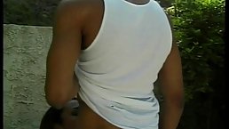 Black man is fucking his best friend's girlfriend next to the swimming pool, during the day