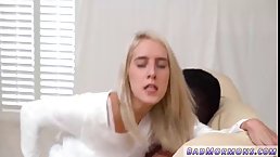 Astonishing blonde is getting fucked in the living room, while her boyfriend is on his way home