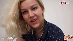 Sweet blonde is fucking her lover while he is trying to make a video of her
