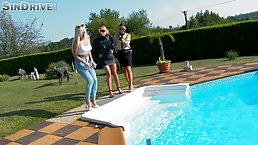 Three curvy milfs are having a perfect fuck time together, while next to the pool