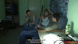 Desperate blonde is giving pleasure to a man who is not her boyfriend, while he is watching