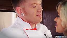 Busty blonde lady in pink lingerie, Jessica got fucked in the kitchen, until she came