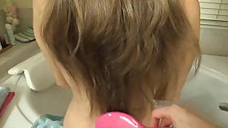Naughty babe is sucking her roommate's dick and getting loads of cum all over her hair