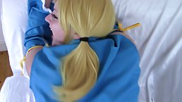 Dirty minded blonde in a costume is kneeling on the floor and sucking her partner's dick