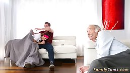 Sweet girl is having a great time with her lover, while her elderly husband is watching