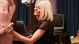 Experienced blonde office lady is eager to give a perfect handjob to her co-worker