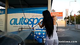 Hot future mom, Lexi Dona likes to wash cars, while no one else is not there