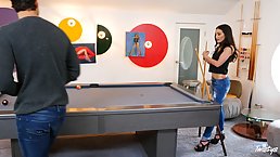 Gia Paige is riding a rock hard dick in a reverse cowgirl position on a pool table