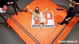 Tattooed brunette is making love with her good friend, while they are having a wrestling match