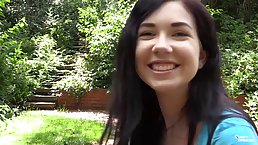 Sweet teen brunette is playing with her tits and masturbating, in the middle of the day
