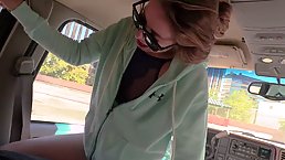 Confident blonde babe with sunglasses is fucking her lover in the car, during the day