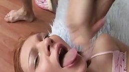 Russian blonde with braided hair is getting fucked like never before and eating some fresh cum
