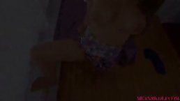 Vulgar step mom is looking at the camera, while sucking her step son’s big tool