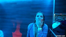 A horny guy is fucking a blonde bitch, while other people are dancing at the party