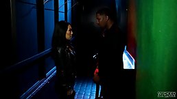 Seductive Asian brunette, Asa Akira is having casual sex with a black guy, in the disco