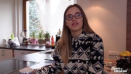Nerdy Russian blonde is masturbating quite often and having very intense orgasms, every single time