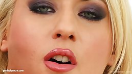 Wild blonde female is shoving her huge sex toy deep in her wet pussy, like a pro