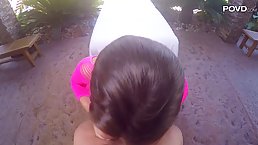 Voluptuous brunette in pink, fishnet blouse is having casual sex with her neighbor next door