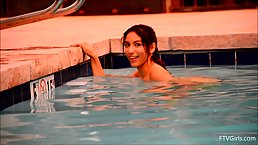 Spoiled brunette, Melody was masturbating next to her swimming pool and in front of a fire place