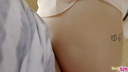 Sensual step sister with short hair likes to fuck her handsome step brother, in her bedroom