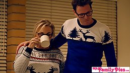 Blonde and brunette are having a threesome on a Christmas night, and enjoying it a lot