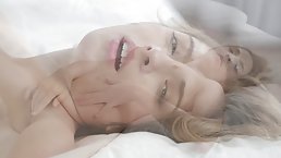 Sensual teen babe likes looking in the camera, while gently cuddling her wet, shaved pussy