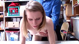 Slender blonde is always looking for an opportunity to suck and fuck, even while shoplifting