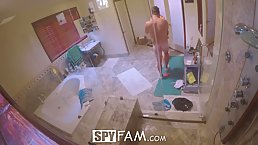 Horny brunette was caught masturbating in the bathroom, so her friend decided to fuck her