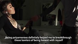 Tattooed Asian bitch and a blond guy are having a great fuck time, while in the bedroom