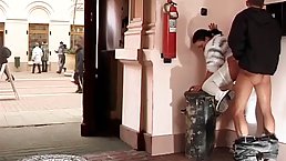 Kinky girl in a white tights and her horny partner are having sex, in a public place