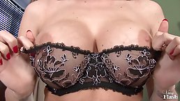 Gorgeous blonde lady slowly took off her dress and started posing in lingerie, for the camera
