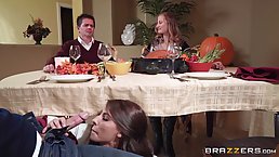 Madison Ivy is sucking her lover's hard cock while kneeling on the floor, in front of him