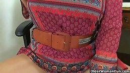 British matures, Janey, Camilla and Eva Jayne are playing with various sex toys, in their offices