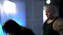 Slutty brunette in pink lingerie is ready for a fuck session with a bald guy