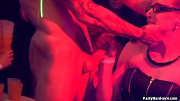 Horny girls are having group sex in the night club, with very handsome guys who work there